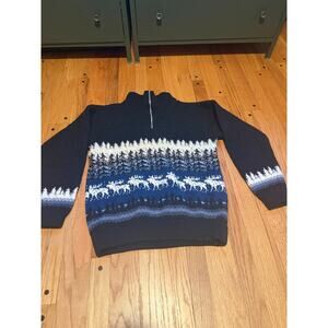 Knit Holiday Winter Moose Men's Sweater 1/4 Zip Dark Blue